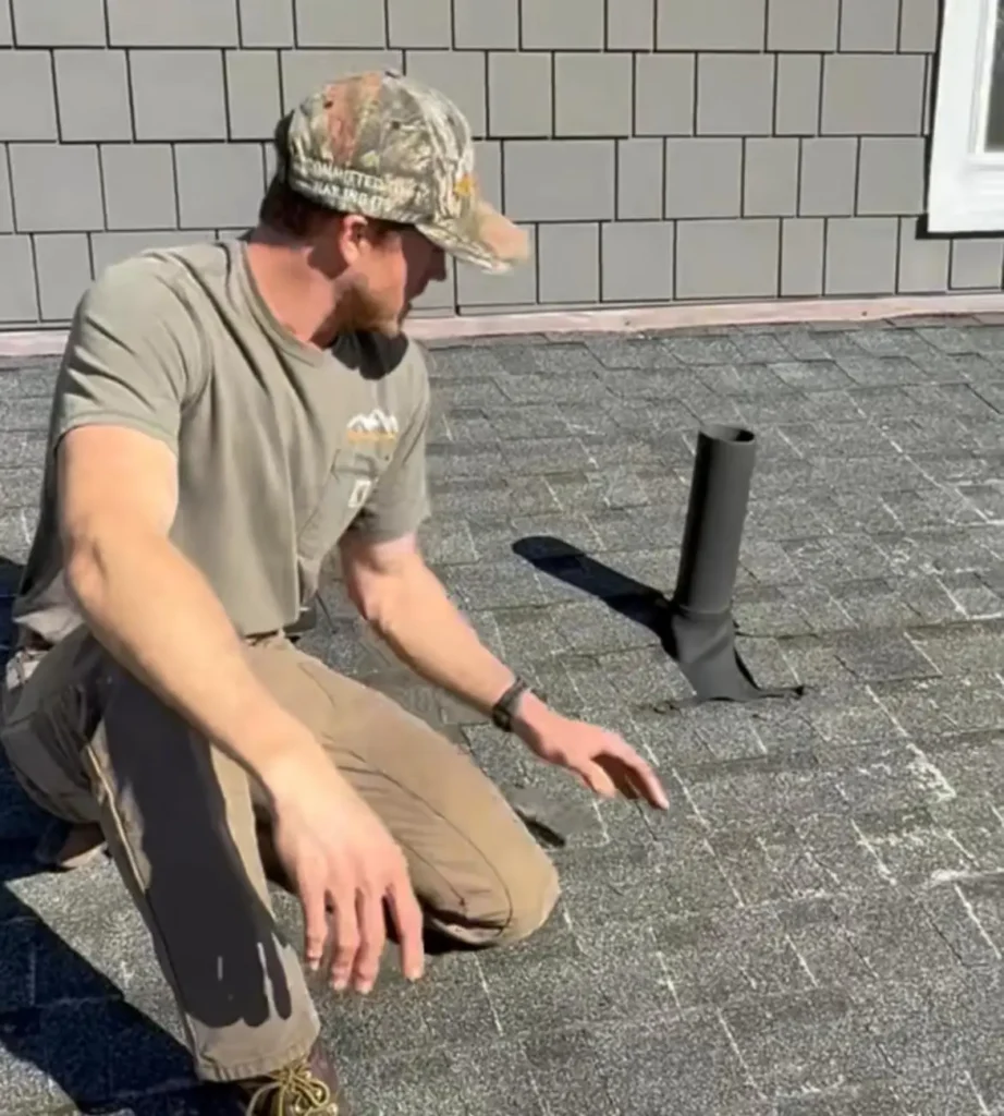 Zepp Construction crew member working on an asphalt shingle roof near a vent pipe